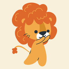 Cute kawaii lion in cartoon, flat, doodle, simple style. Design element for posters, postcards, greeting cards, wallpapers, children's clothes, fabrics, t-shirts, logos