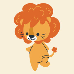 Cute kawaii lion in cartoon, flat, doodle, simple style. Design element for posters, postcards, greeting cards, wallpapers, children's clothes, fabrics, t-shirts, logos