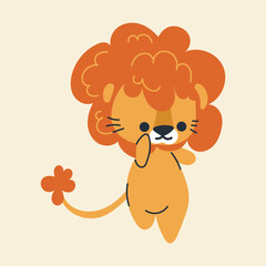 Cute kawaii lion in cartoon, flat, doodle, simple style. Design element for posters, postcards, greeting cards, wallpapers, children's clothes, fabrics, t-shirts, logos