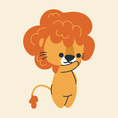 Cute kawaii lion in cartoon, flat, doodle, simple style. Design element for posters, postcards, greeting cards, wallpapers, children's clothes, fabrics, t-shirts, logos