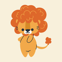 Cute kawaii lion in cartoon, flat, doodle, simple style. Design element for posters, postcards, greeting cards, wallpapers, children's clothes, fabrics, t-shirts, logos