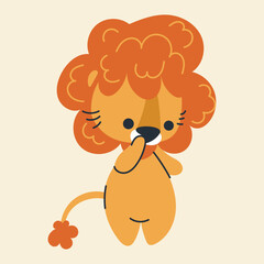 Cute kawaii lion in cartoon, flat, doodle, simple style. Design element for posters, postcards, greeting cards, wallpapers, children's clothes, fabrics, t-shirts, logos