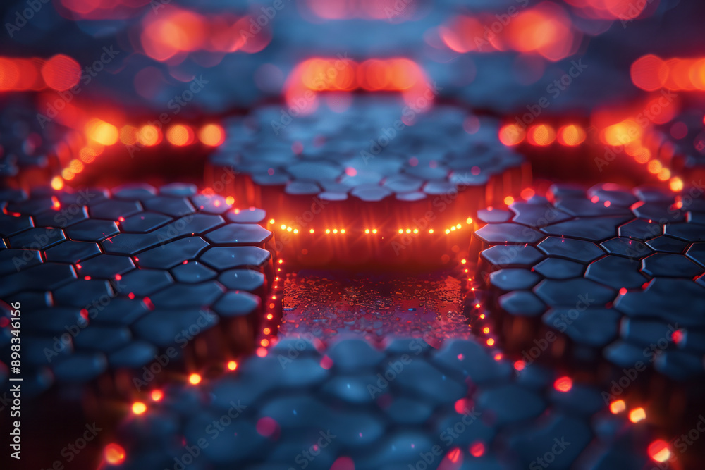 Poster elegant design showcasing a 3d hexagonal pattern with dynamic red lights on a sleek blue background,