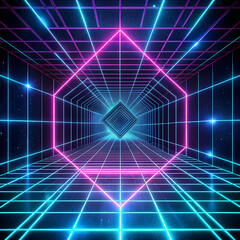 Obraz premium Neon Grid Tunnel, Futuristic Digital Art, Vibrant Colors, with Copy Space