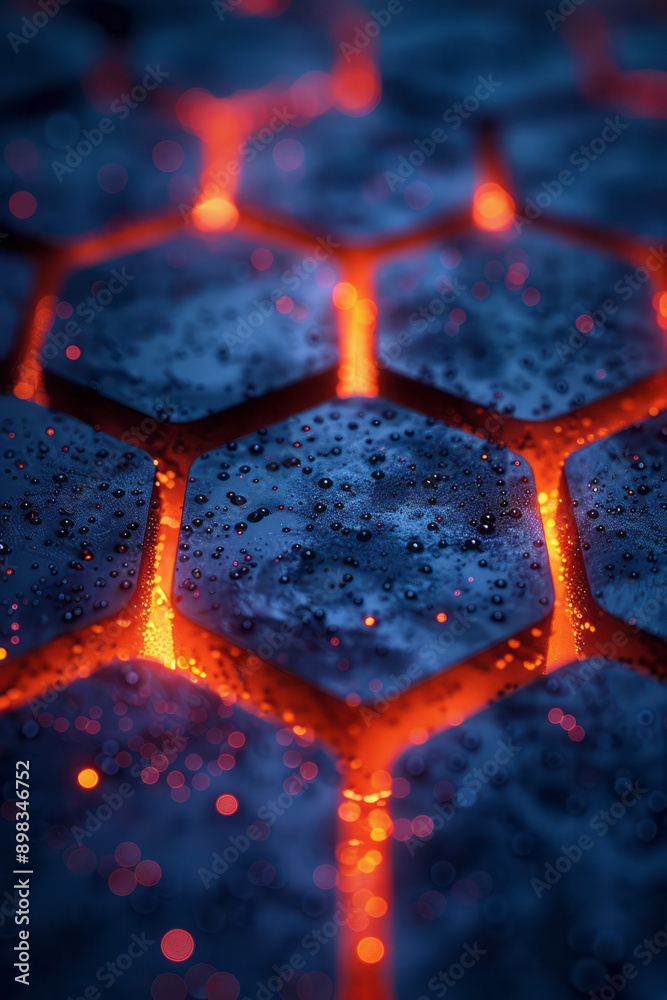 Poster clean and modern depiction of a 3d hexagonal structure with glowing red highlights on a cobalt blue 