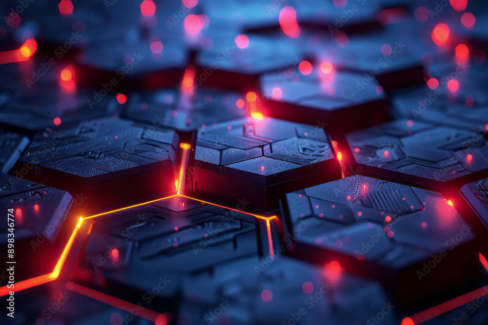 Poster stylish abstract image showcasing a hexagonal pattern with dynamic red glowing elements on a blue ba