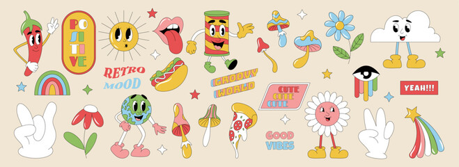 Retro cartoon stickers. Groovy icons. Flower Funny mascots. Psychedelic elements art. Mushroom and rainbow. Funky Earth. Trippy smile sun. Abstract face. Mouth lips. Vector garish doodle patches set