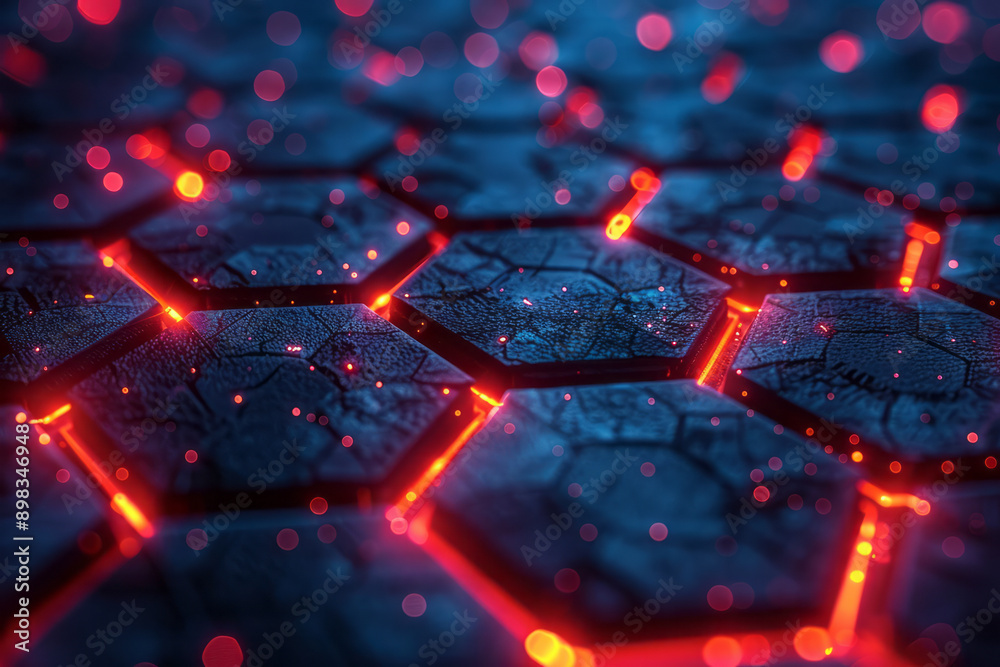 Poster stylish abstract image showcasing a hexagonal pattern with dynamic red glowing elements on a blue ba