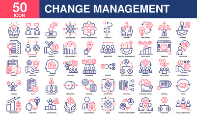 Change management icon collection set. Containing management, teamwork, business, leadership, mentoring, implement, employee icon. Simple line color vector.