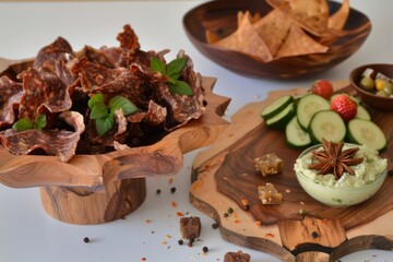 Fototapeta premium A beautifully arranged platter of biltong, displaying different cuts of cured and dried meats, including beef, game, and chicken, alongside a selection of dips and sliced cheeses. 