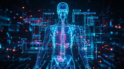 Anatomy of Human Body in Futuristic Hologram, Medical Concept Generative AI