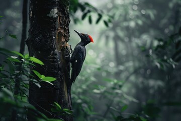 A dynamic shot of a black woodpecker drumming on a tree trunk in a dense forest. 
