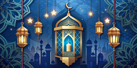 An elegant Ramadan banner featuring intricate lanterns, stars, and Arabic calligraphy. The deep blue background and gold accents create a festive and spiritual atmosphere