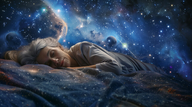 Older woman experiencing altered state of mind. Sleeping amidst a vivid cosmic dreamscape.