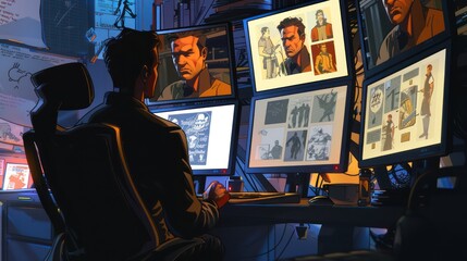 digital comic book workshop, where artists and writers collaborate virtually, with screens displaying artwork and script pages