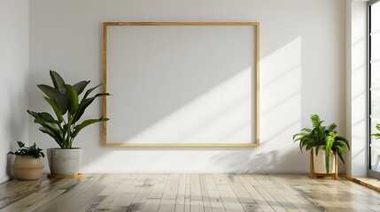 Minimalist room with light wood flooring, large plants in white pots, and an empty wood-bordered frame against a white wall with natural light from a window, Ideal for interior design, home decor