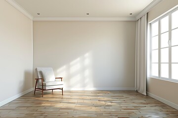 A minimalist room with a single mid-century modern chair placed on light wooden flooring near a large window with curtains allowing natural light to enter