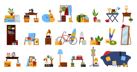 Garage sale. Flea market. Woman shopping. Secondhand shop. Used furniture. Old clothes marketplace. Street bazaar. People buy household things. Stuff boxes selling. Festival store. Vector tidy set