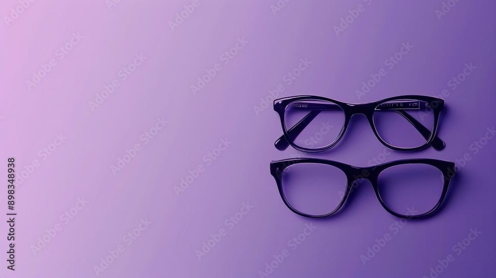 Poster two pairs of black eyeglasses rest on a purple surface. generative ai