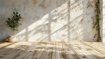 A minimalist room with wooden flooring, a potted plant, and a rustic wall bathed in natural sunlight; ideal for interior design, home decor, or lifestyle themes,