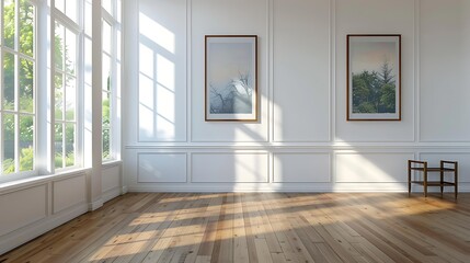 Obraz premium Bright, sunlit room with wooden floors, large windows, and minimalist decor, featuring wall art and a small table; ideal for real estate, interior design, or lifestyle and living publications,