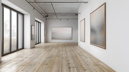 Obraz premium An art gallery with large, contemporary paintings hanging on white walls and natural wood flooring, illuminated by natural light from large windows; perfect for promoting art exhibitions