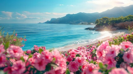 Flowerbed with pink flowers with blurred sea view and empty beach in morning.