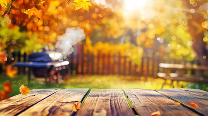 autumn party in backyard garden with grill BBQ, wooden table, blurred background
