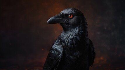 A crow with orange eyes standing in the dark, ideal for Halloween themes.