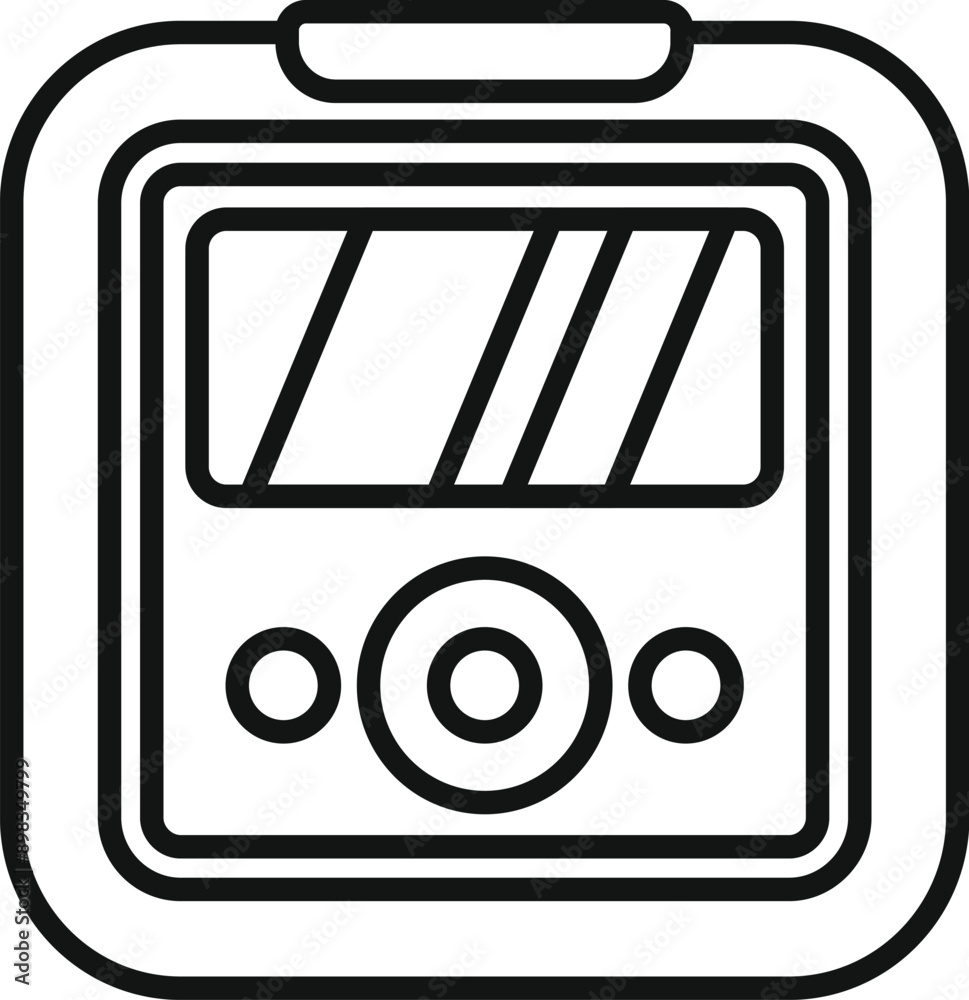 Poster electronic device with screen and buttons is recording data with black lines on a white background