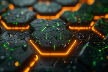 Fototapeta premium Clean depiction of a hexagonal grid illuminated with bright neon green and yellow lights,