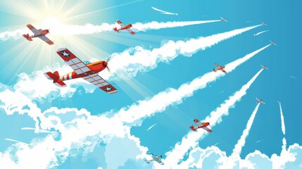 An airshow with classic planes performing aerial acrobatics against a bright