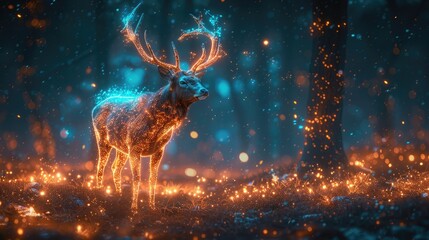 Fantastical Deer with Bioluminescent Antlers Standing in a Glowing Forest