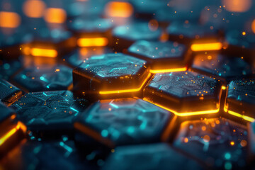 Fototapeta premium Illuminated hexagonal design with striking neon green and yellow lights in a dark, modern setting,