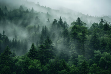 
A dense forest shrouded in mist, with tall trees and lush green foliage. The fog adds an ethereal quality to the scene,