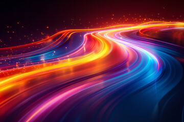Modern and abstract image of glowing neon trails with vivid, colorful effects against a black backdrop,