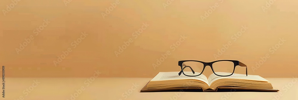 Aufkleber A book lays open on a tan surface, with a pair of eyeglasses resting on top of the book. Generative AI