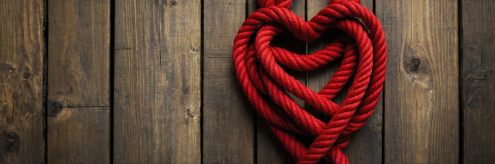 Obraz premium Heart-Shaped Knot Made of Red Rope on a Wooden Background, Featuring Intricate Weaving Patterns and Symbolizing Love and Passion