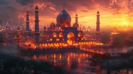 Majestic Palace with Iridescent Domes and Glowing Spires in a Luminous Landscape