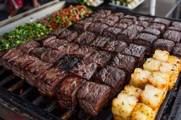 Photograph of a Brazilian Independence Day barbecue, featuring a spread of grilled meats queijo (cheese bread), and vibrant salads. outdoor picnic tables. 