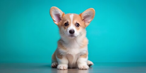 a welsh corgi puppy sits on a blue background AI Generative