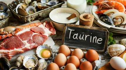 Food contains taurine on the table. Selective focus.
