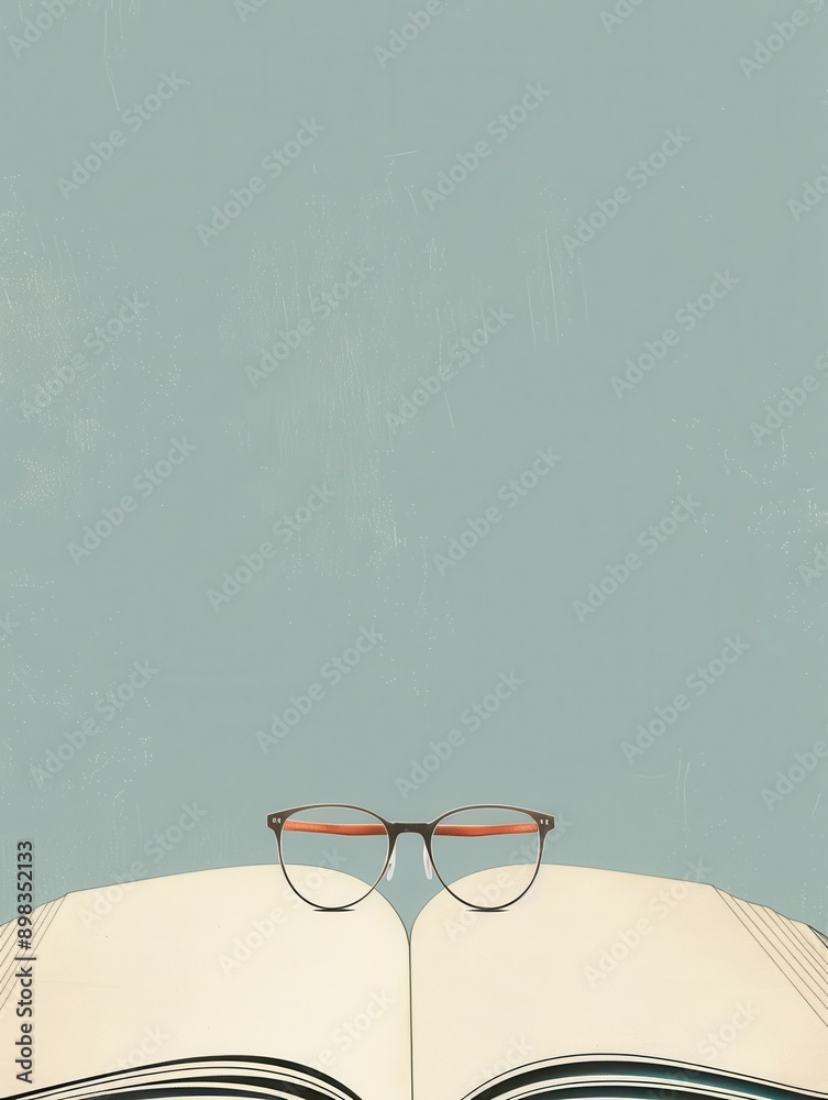 Aufkleber An open book with glasses resting on top of it, against a pale blue background. Generative AI