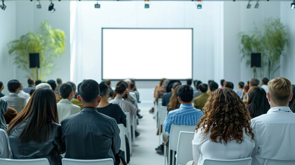 Diverse audience attending a seminar in a modern conference room, focused on a large projection screen. 