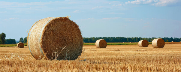 A tranquil rural landscape with large round hay bales spread across a freshly cut field, evoking the simplicity of farm life.