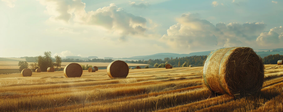 A tranquil rural landscape with large round hay bales spread across a freshly cut field, evoking the simplicity of farm life.
