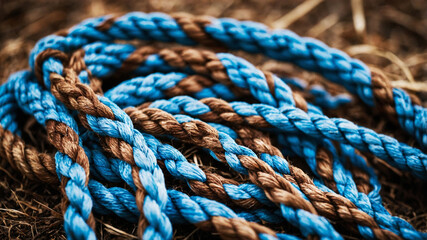 Fototapeta premium Detailed view of intertwined blue and brown ropes on a wooden surface