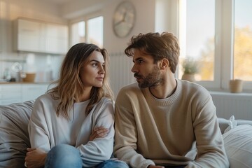 A couple sits on a couch at home, both deep in thought, staring towards each other with expressions that indicate a meaningful and possibly emotional conversation.