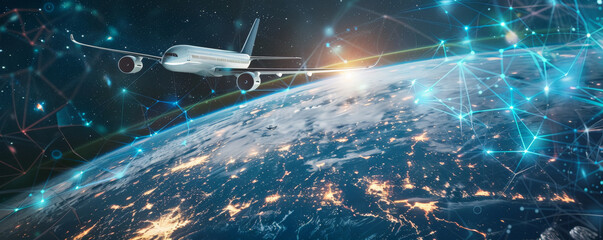 A futuristic airplane soaring above a networked globe, symbolizing worldwide aviation and cutting-edge technology advancements.