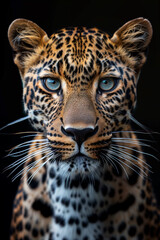 Stately leopard frontal face portrait, National Geographic style, black background, HD